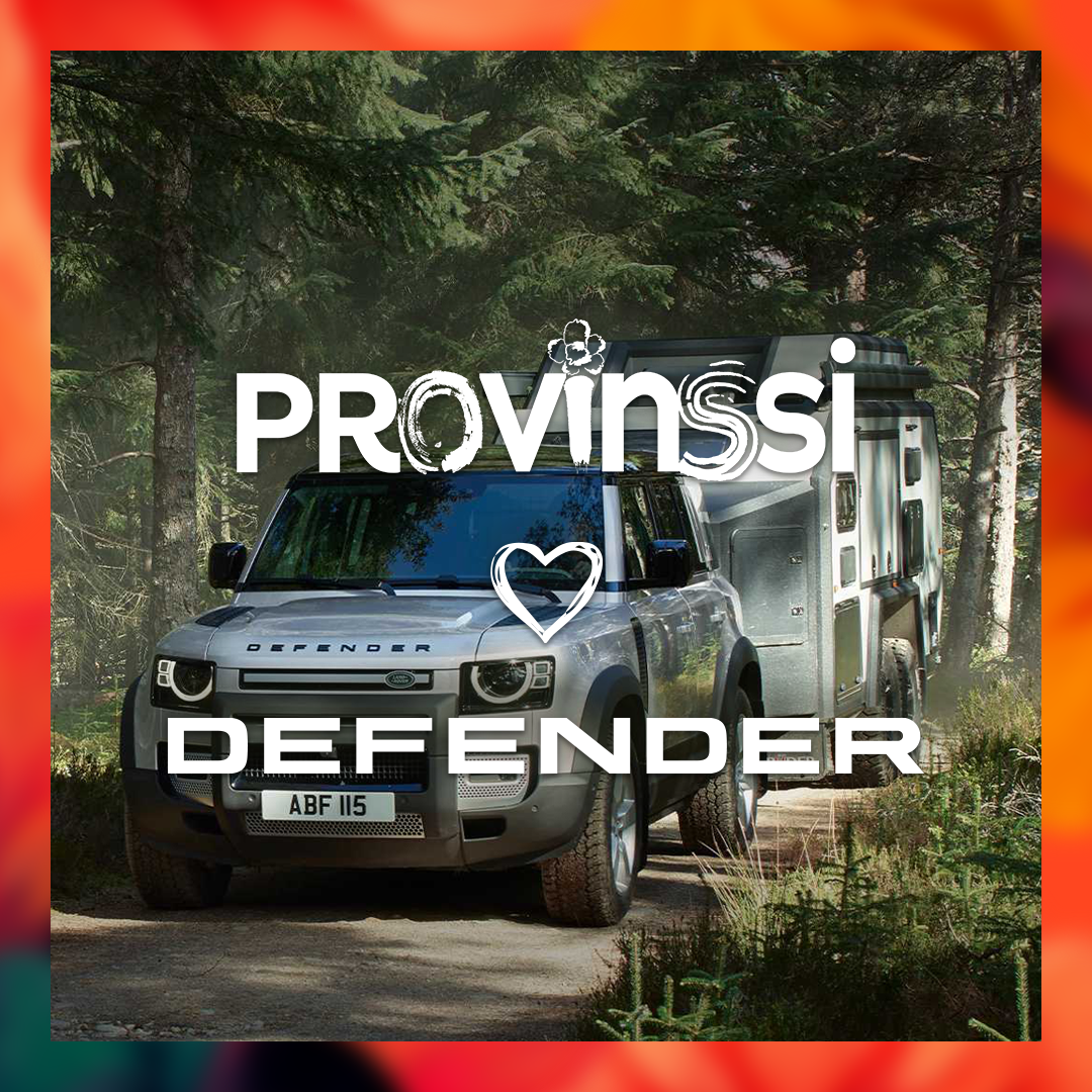 Defender ja Provinssi solmivat pääyhteistyökumppanuuden. Kuvassa Defender-auto, Defenderin ja Provinssin valkoiset logot.