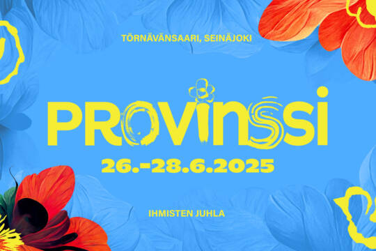 Sininen Provinssi-banneri, jossa päivämäärät 26-28.6.2025, sekä Provinssin sijainti Törnävänsaari, Seinäjoki ja Ihmisten Juhla.