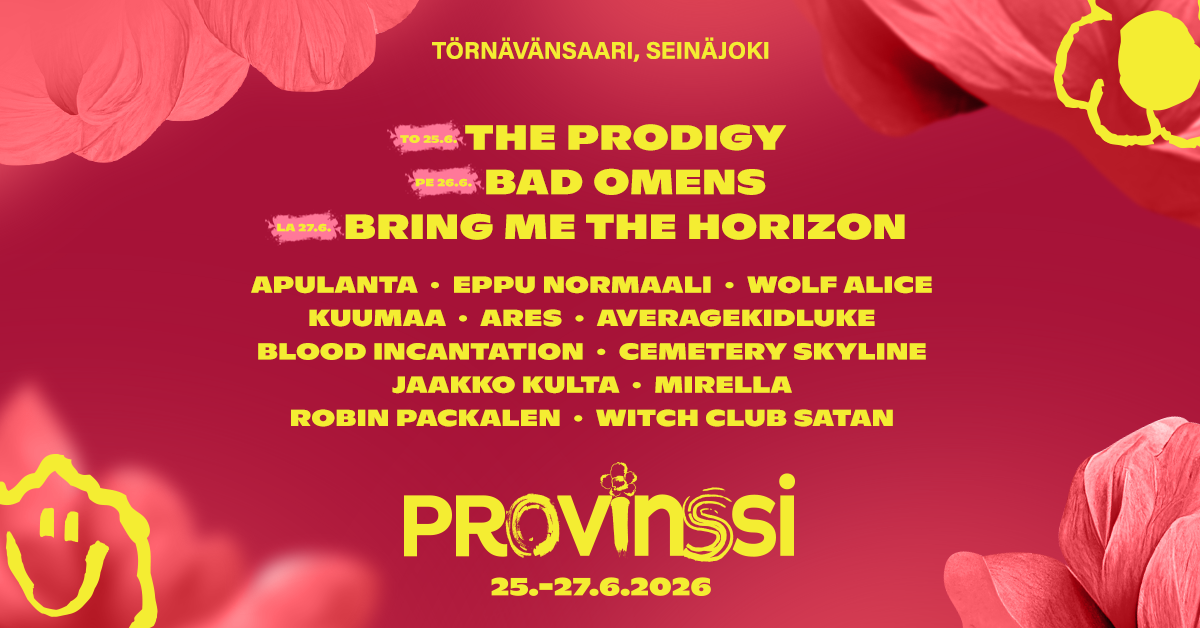 Provinssi lineup, jossa kerrotaan päiväkohtaisesti torstaille The Prodigy, perjantaille Bad Omens ja lauantaille Bring Me The Horizon.